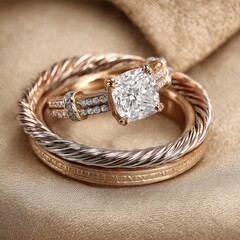 Diamond ring set, including a square-cut center stone, displayed on a satin cloth