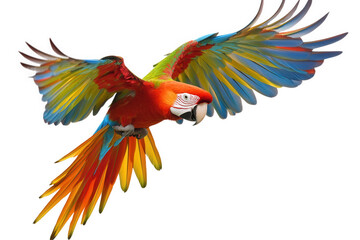 Fototapeta premium A vibrant scarlet macaw soars gracefully, isolated on transparent background, its colorful plumage a stunning display of natures artistry in midflight