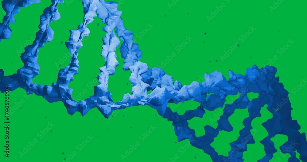 Wall mural animation of macro 3d blue dna strand spinning over floating particles on transparent background