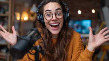 A woman with glasses and headphones excitedly gesturing in front of a microphone indoors