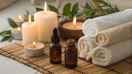 Relaxing spa ambiance with scented candles essential oils and rolled towels for aromatherapy and wellness