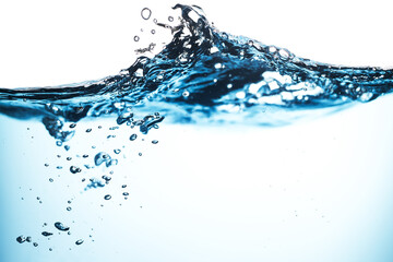 Splashing Water Wave. Air Bubbles Float Up in Clear water. Pure Drinking Water, Oxygen Relaxation. Blue Water Textured on White Background.	
