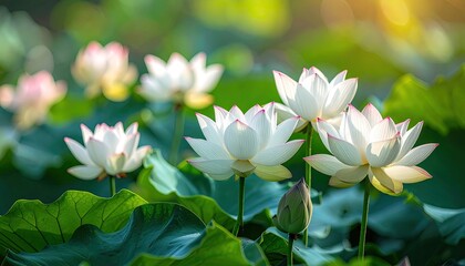Fototapeta premium Close Up of White and Pink Lotus Flowers with Green Foliage in Daylight with Shallow Focus