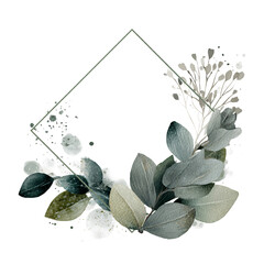 Watercolor leafy twigs frame a golden geometric banner, creating a natural, elegant design.