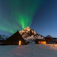 Nighttime Scene Green Aurora Borealis over a Snowy Landscape with Hut