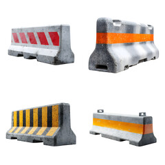 Collection of concrete road barriers with colorful reflective tape.