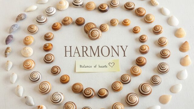 Spiral Shells Arranged in Heart Shape Symbolizing Harmony and Balance of Nature in Earthy Tones with Text Overlay