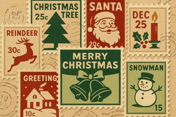 Fototapeta premium Vintage Christmas postage stamps illustration.
