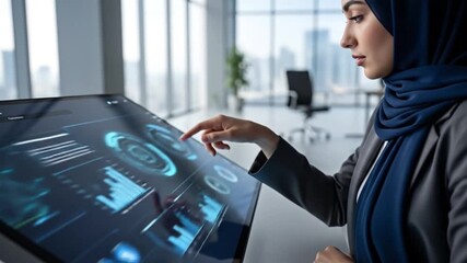 A focused professional in a modern office analyzes intricate digital data on an interactive screen, symbolizing future technology and business intelligence - Powered by Adobe