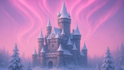 Obraz premium Enchanted castle under magical aurora wallpaper