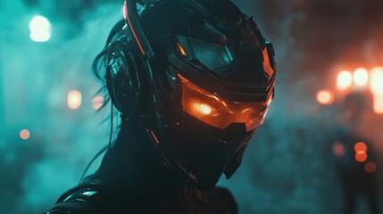 Futuristic figure in a helmet illuminated