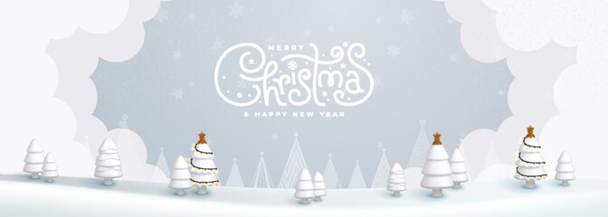 Merry Christmas and Happy New Year greeting card featuring in a snowy winter landscape with falling snow. A festive and cheerful holiday scene.