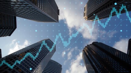 Dynamic financial growth visualized over modern city skyscrapers against a clear blue sky with subtle data overlays