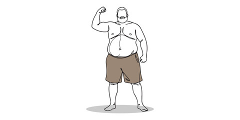 Minimal line art illustration of an overweight man flexing arm muscles, symbolizing body confidence, obesity awareness, health, strength, and lifestyle concept.