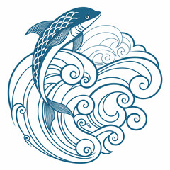A stylized blue fish leaps gracefully through swirling ocean waves in a decorative artistic illustration
