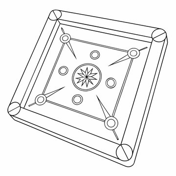 A simple black and white line drawing of a carrom board with its distinctive markings and corner pockets isolated on a white background
