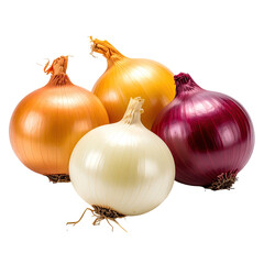 Four whole onions of varying colors, close-up