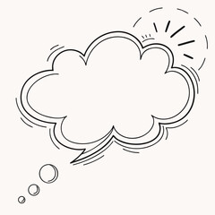 Hand drawn black and white cartoon speech bubble with small thought bubbles and radiating lines indicating an idea or thought