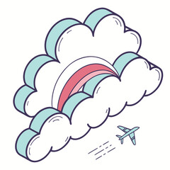 Whimsical cartoon airplane flying through fluffy clouds with a pastel rainbow peeking through on a white background