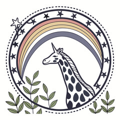 Whimsical giraffe unicorn with pastel rainbow and stars in a circle surrounded by green leaves