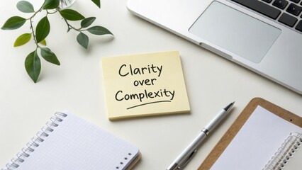 Inspirational Note on Clarity with Laptops, Notebooks, and Green Leaves in Modern Office Workspace Setting