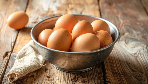 Bowl of Brown Eggs on Rustic Wooden Table with Cloth Napkin Farm Fresh Ingredients for Cooking Baking Food Photography - Powered by Adobe