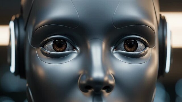 Dynamic Close-up of a Futuristic Humanoid Robot Face with Closed Eyes, Revealing Advanced AI Design