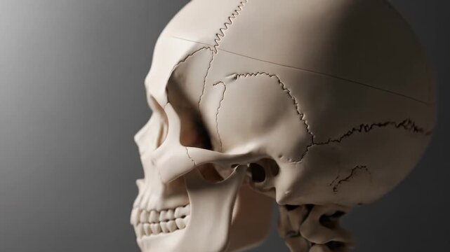 Detailed close-up view of a human skull from the side, showcasing anatomical structure.