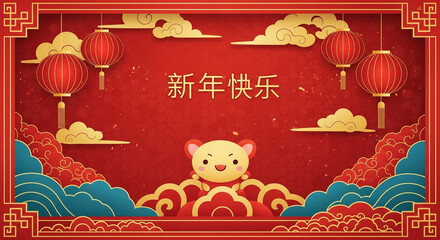 Adorable tiger mascot celebrates chinese new year with festive lanterns and red decorations
