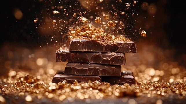 Decadent stack of dark chocolate with a golden dust explosion.