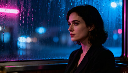 A medium shot of a woman sitting alone by a rain-covered window at night, neon lights from the street casting blue and pink reflections on the glass, her face softly lit
