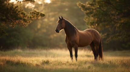 Fototapeta premium Majestic horse standing in a sunlit field