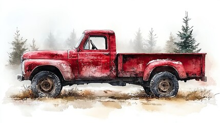 Vintage red pickup truck in a misty winter landscape watercolor painting.