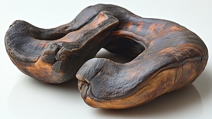 A pair of decaying tromboncino squashes with dark mold on a white surface.