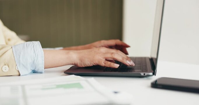 Hands, business and person with laptop at coffee shop for research, data entry and financial report. Woman, freelancer and pc with graph documents, finance analysis and review budget for cafe revenue