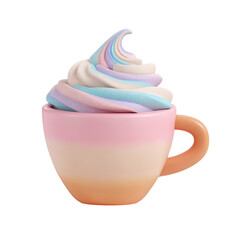 Pastel Coffee Cup with Whipped Cream, Rainbow Swirl, 3D Render, and Isolated.