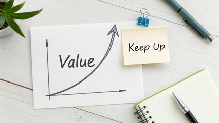 Growth Chart Showing Value Increase with Sticky Note Message on Workspace Table with Pen and Plant Decor