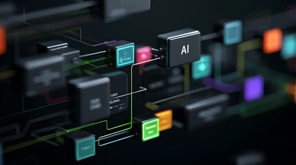 AI workflow automation artificial intelligence software interface nodes triggers data tool dashboard coding icon flow process technology 3d rendering. Stock Illustration
