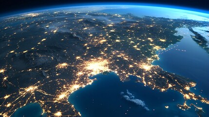 宇宙から見た夜の地球：光り輝く大都市圏とグローバルネットワーク