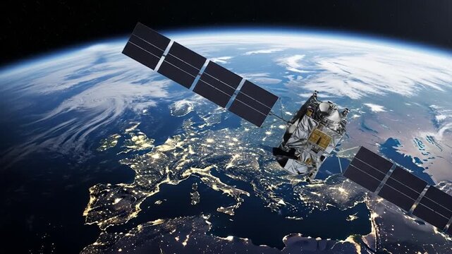 Futuristic satellite orbiting earth with lights, a digital high-resolution simulation of global