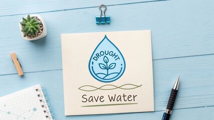 Conceptual illustration promoting water conservation, drought awareness, and environmental sustainability on a wooden desk