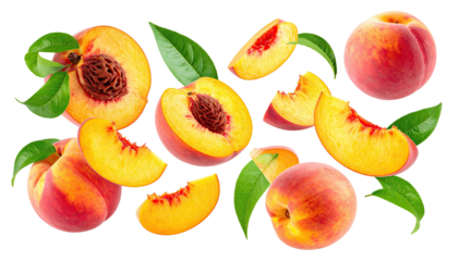 Peach slices and whole peaches, vibrant colors, arranged in a  horizontal composition