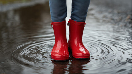 Kid in red boots playing in water puddle