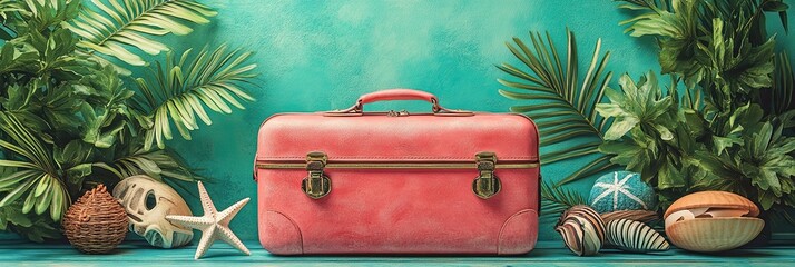 Holiday Getaway Scene with Pink Luggage and Coastal Christmas Decor.