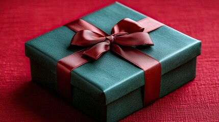 Elegant dark green gift box with a red ribbon bow.