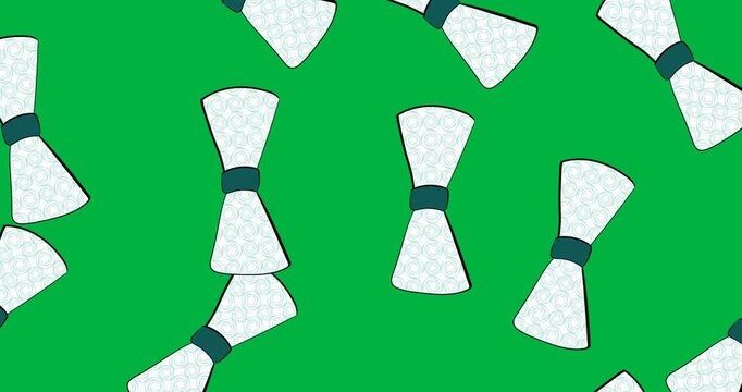 Digital animation of multiple bow tie icons falling against copy space on transparent background