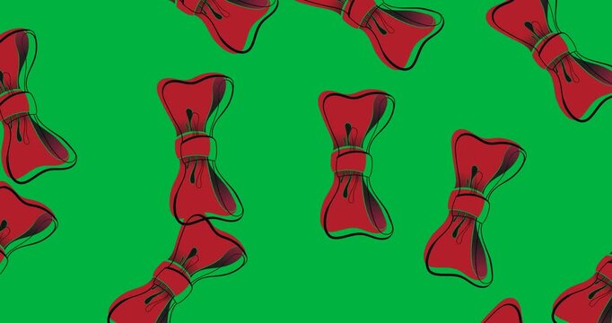 Digital animation of multiple red bow tie icons falling against copy space on transparent background