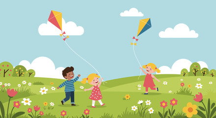 Children Playfully Flying Kites in a Vibrant Meadow