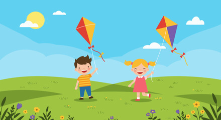 Happy Children Playing Kites in a Sunny Meadow A Cheerful Day of Outdoor Fun
