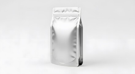 Blank Silver Food Packaging Bag Standing on White Surface